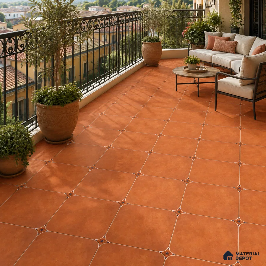 Mediterranean Balcony with Terracotta Brown Porcelain Floor Tile
