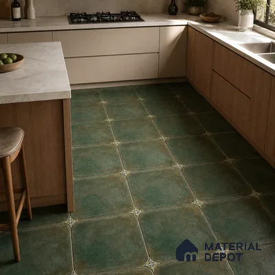 Modern Kitchen with Teal Green Porcelain Floor Tile and Oak Cabinets