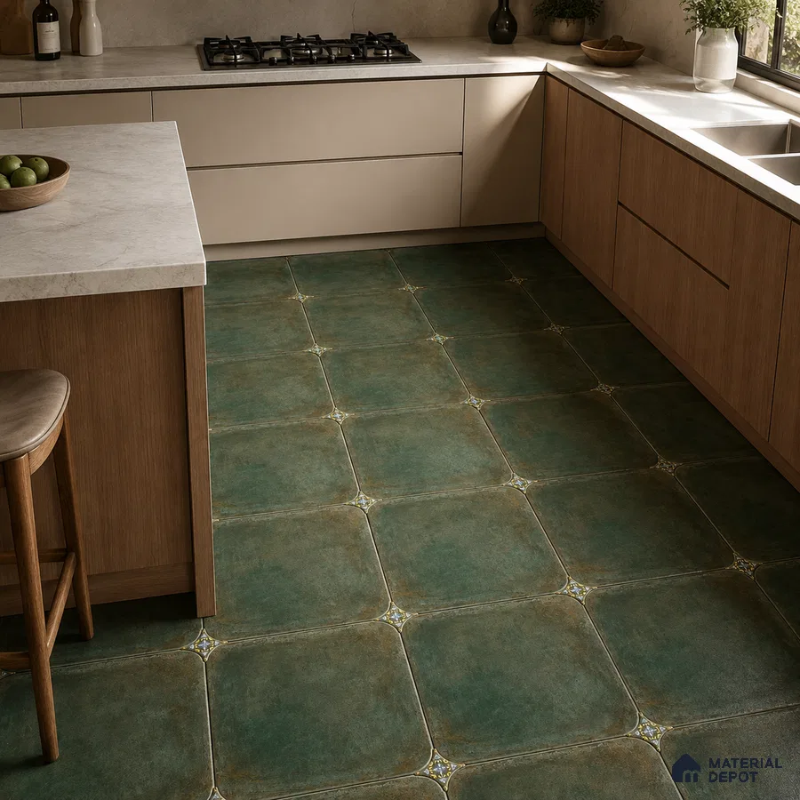 Modern Kitchen with Teal Green Porcelain Floor Tile and Oak Cabinets