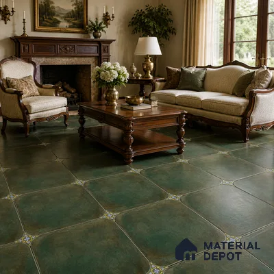 Traditional Living Room with Teal Green Porcelain Floor Tile