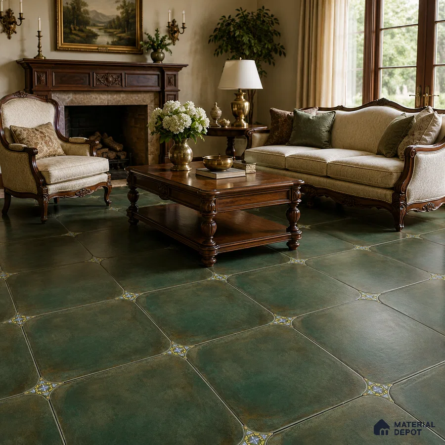 Traditional Living Room with Teal Green Porcelain Floor Tile