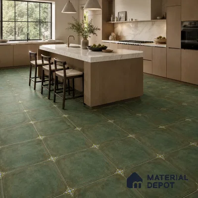 Modern Kitchen with Teal Green Porcelain Floor Tile and Marble Island