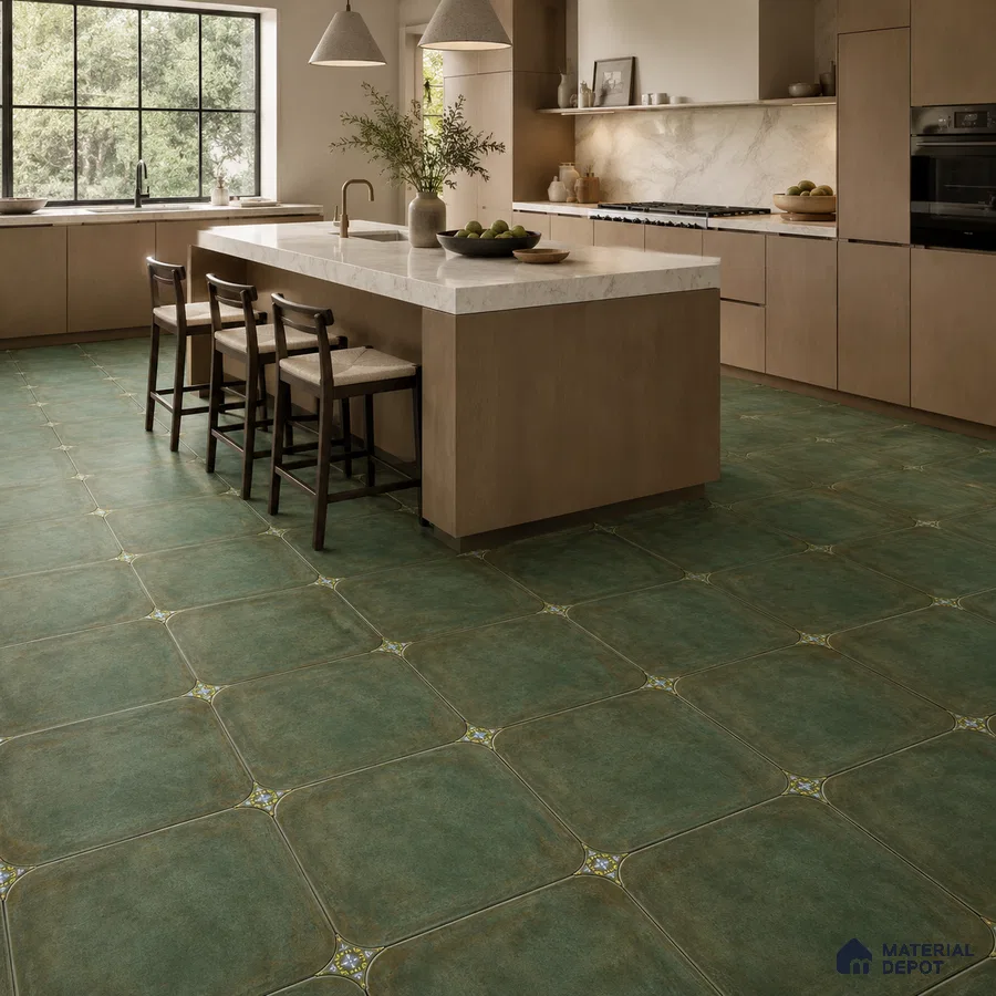 Modern Kitchen with Teal Green Porcelain Floor Tile and Marble Island