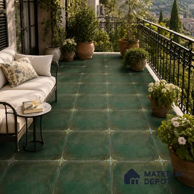Mediterranean Balcony with Teal Green Porcelain Floor Tile