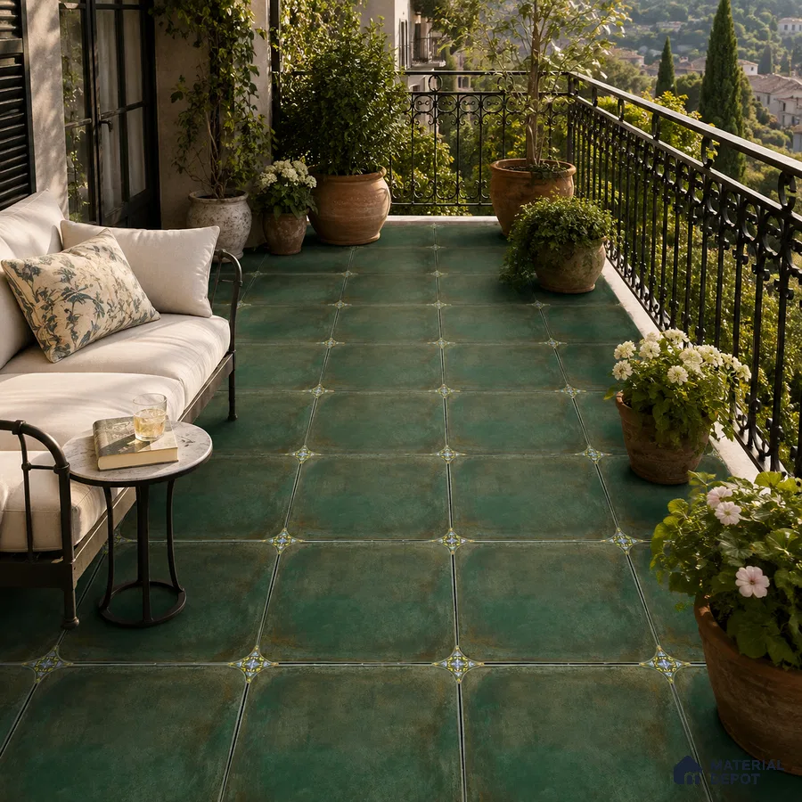 Mediterranean Balcony with Teal Green Porcelain Floor Tile