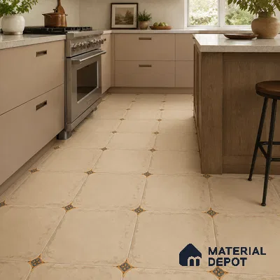 Modern Kitchen with Ivory Matte Porcelain Floor Tile and Blue Dot Motif