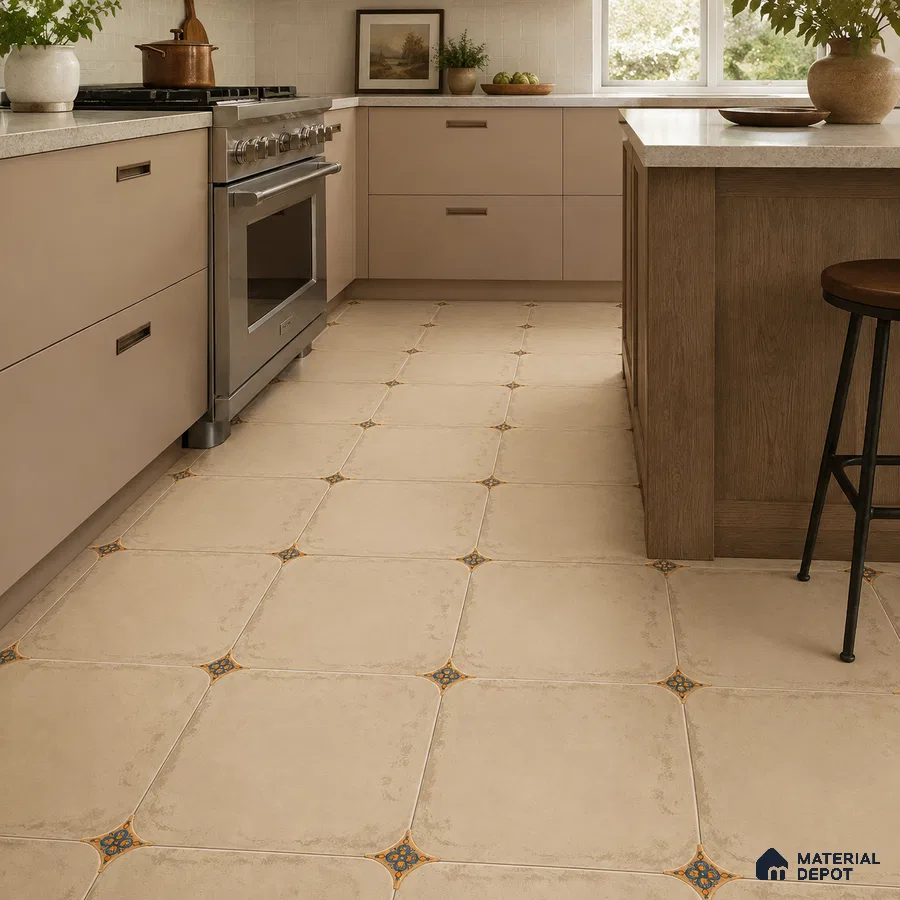 Modern Kitchen with Ivory Matte Porcelain Floor Tile and Blue Dot Motif