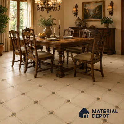 Mediterranean Dining Room with Ivory Matte Porcelain Floor Tile and Blue Dot Motif