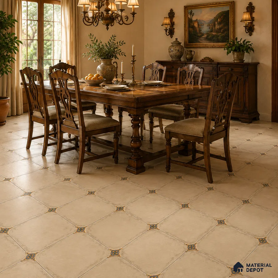 Mediterranean Dining Room with Ivory Matte Porcelain Floor Tile and Blue Dot Motif