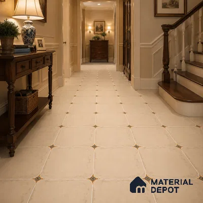Traditional Foyer with Ivory Matte Porcelain Floor Tile and Blue Dot Motif