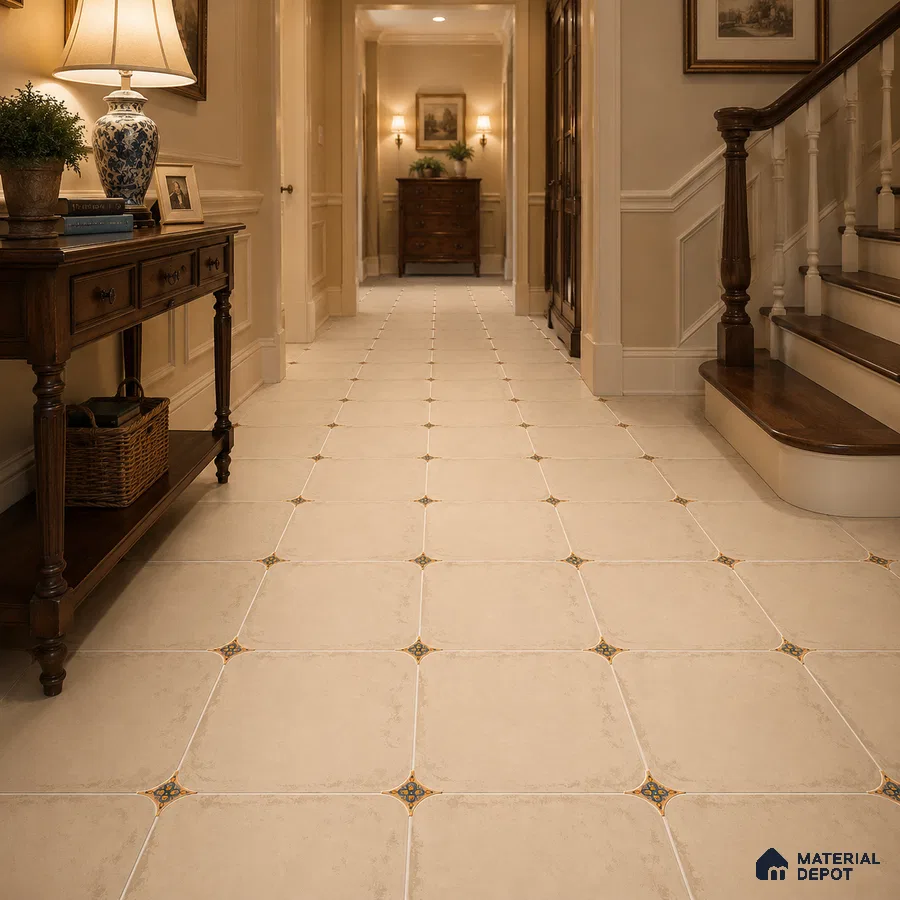 Traditional Foyer with Ivory Matte Porcelain Floor Tile and Blue Dot Motif