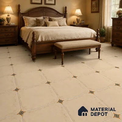 Traditional Bedroom with Ivory Matte Porcelain Floor Tile and Blue Dot Motif