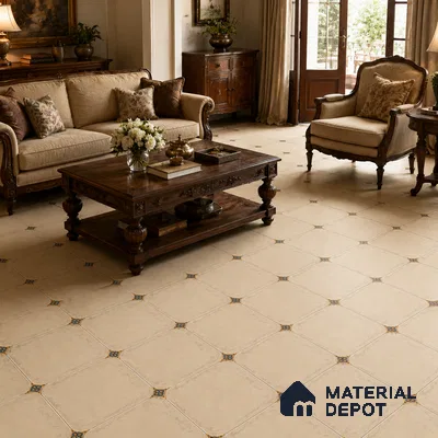 Traditional Living Room with Ivory Porcelain Floor Tile and Blue Star Accents