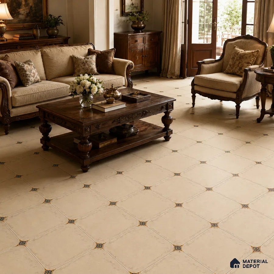 Traditional Living Room with Ivory Porcelain Floor Tile and Blue Star Accents