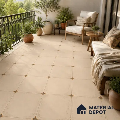 Mediterranean Balcony with Ivory Porcelain Floor Tile and Blue Star Accents