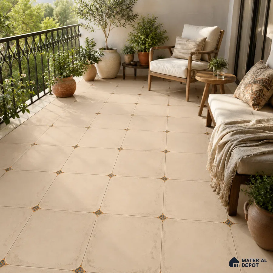 Mediterranean Balcony with Ivory Porcelain Floor Tile and Blue Star Accents