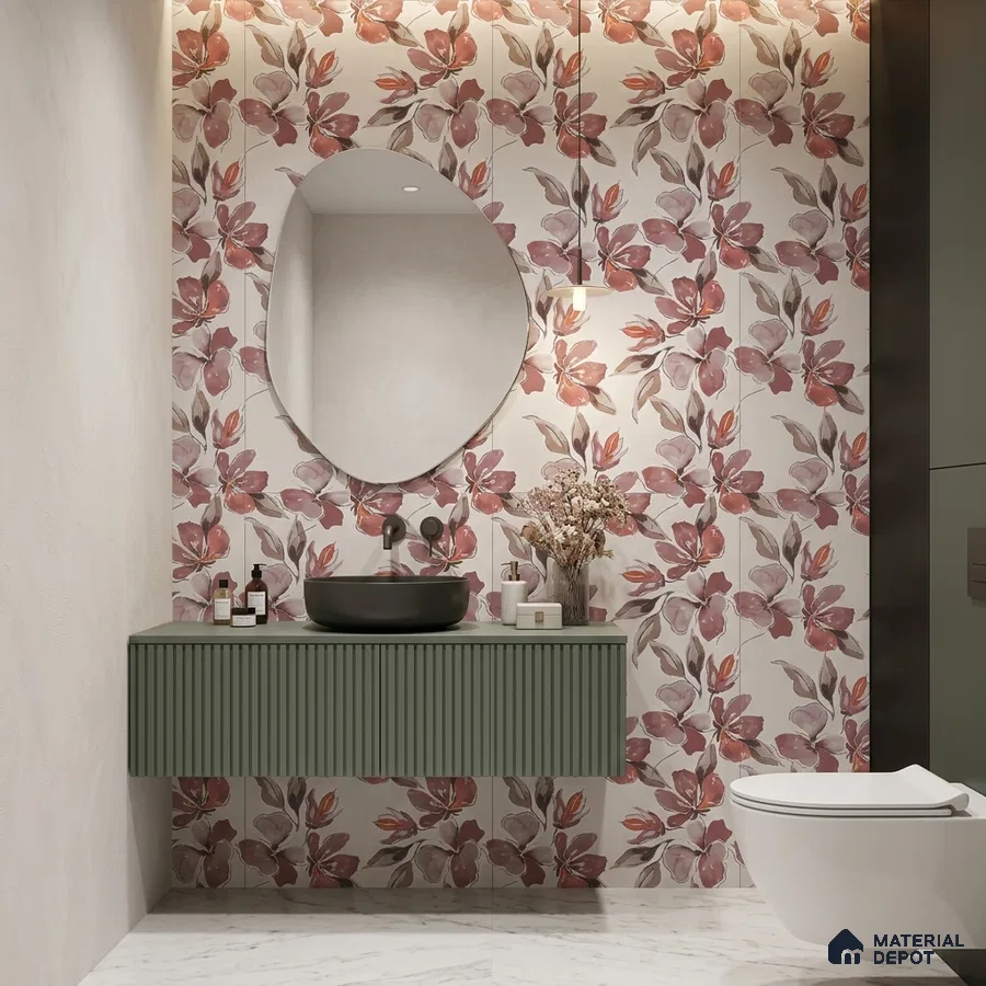 Modern bathroom with floral highlighter wall tiles, sage green fluted vanity, and marble floor tiles