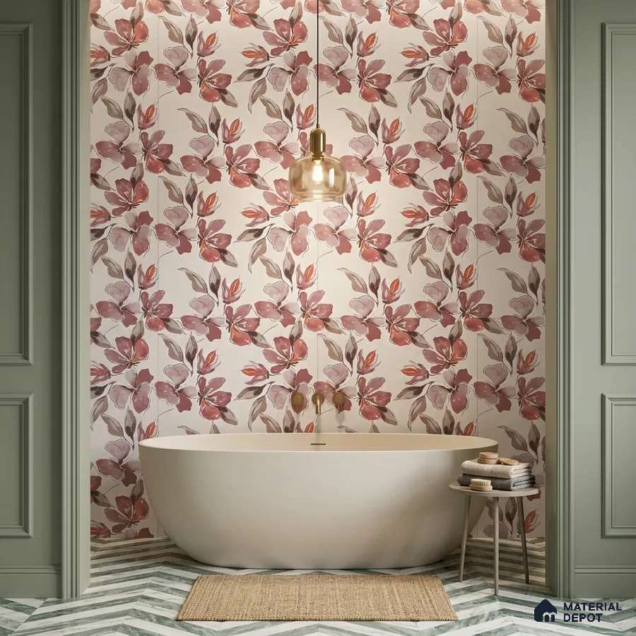 Modern bathroom with floral highlighter wall tiles and chevron green-and-white floor tiles