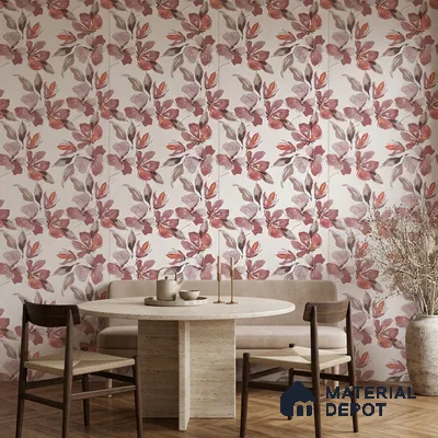 Scandinavian dining room with floral tile, travertine table, and wooden flooring