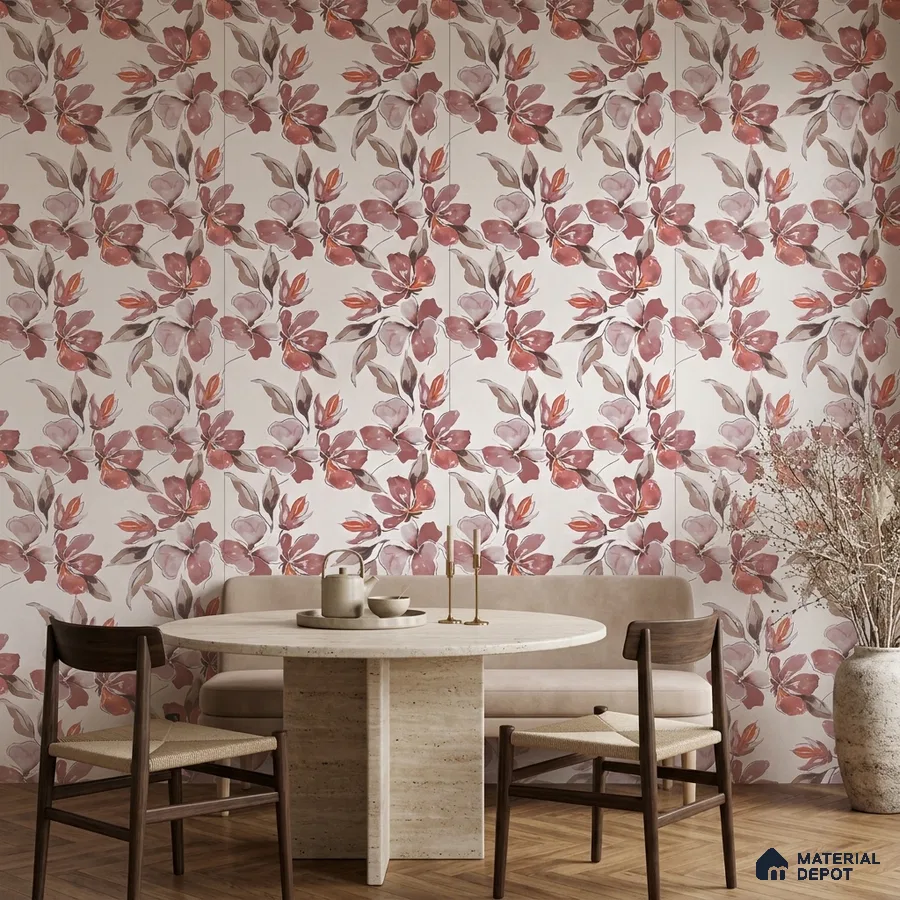 Scandinavian dining room with floral tile, travertine table, and wooden flooring