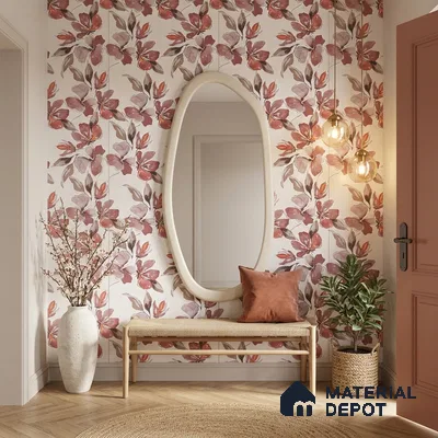 Scandinavian foyer with floral tile, natural wood bench, and herringbone wooden flooring