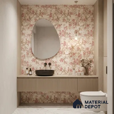 Modern bathroom with floral patterned wall tiles, fluted beige vanity, and marble floor tiles