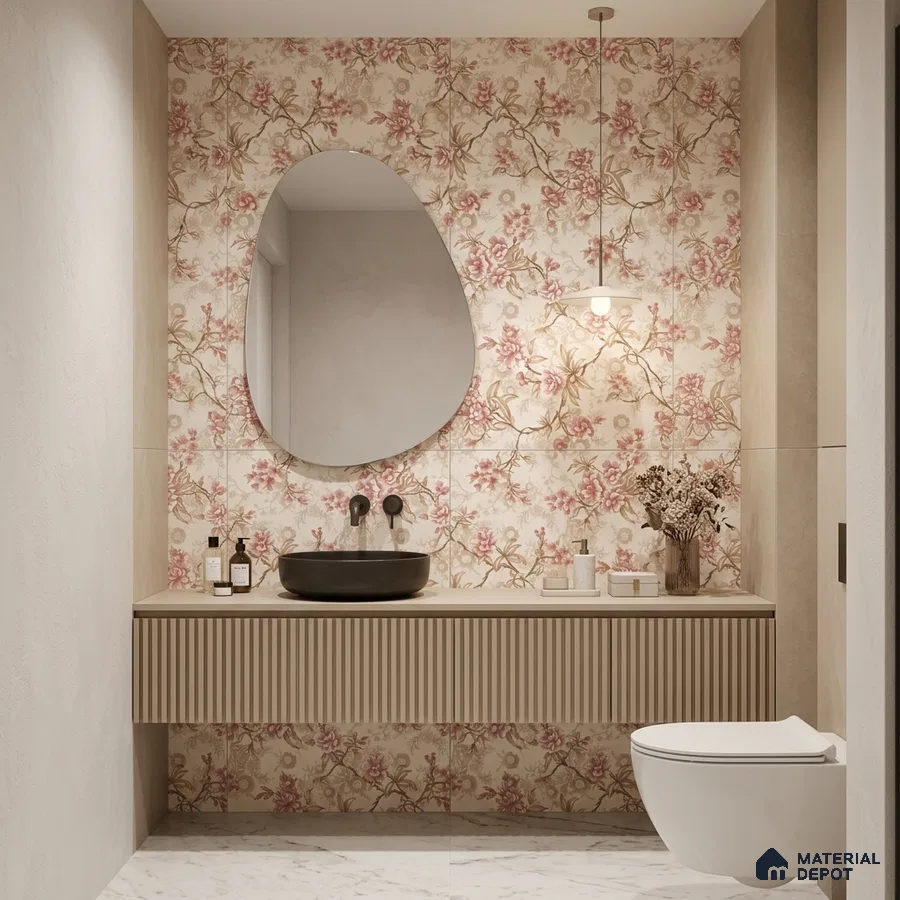 Modern bathroom with floral patterned wall tiles, fluted beige vanity, and marble floor tiles
