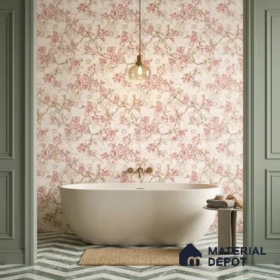 Traditional bathroom with floral patterned wall tiles and chevron green-and-white floor tiles