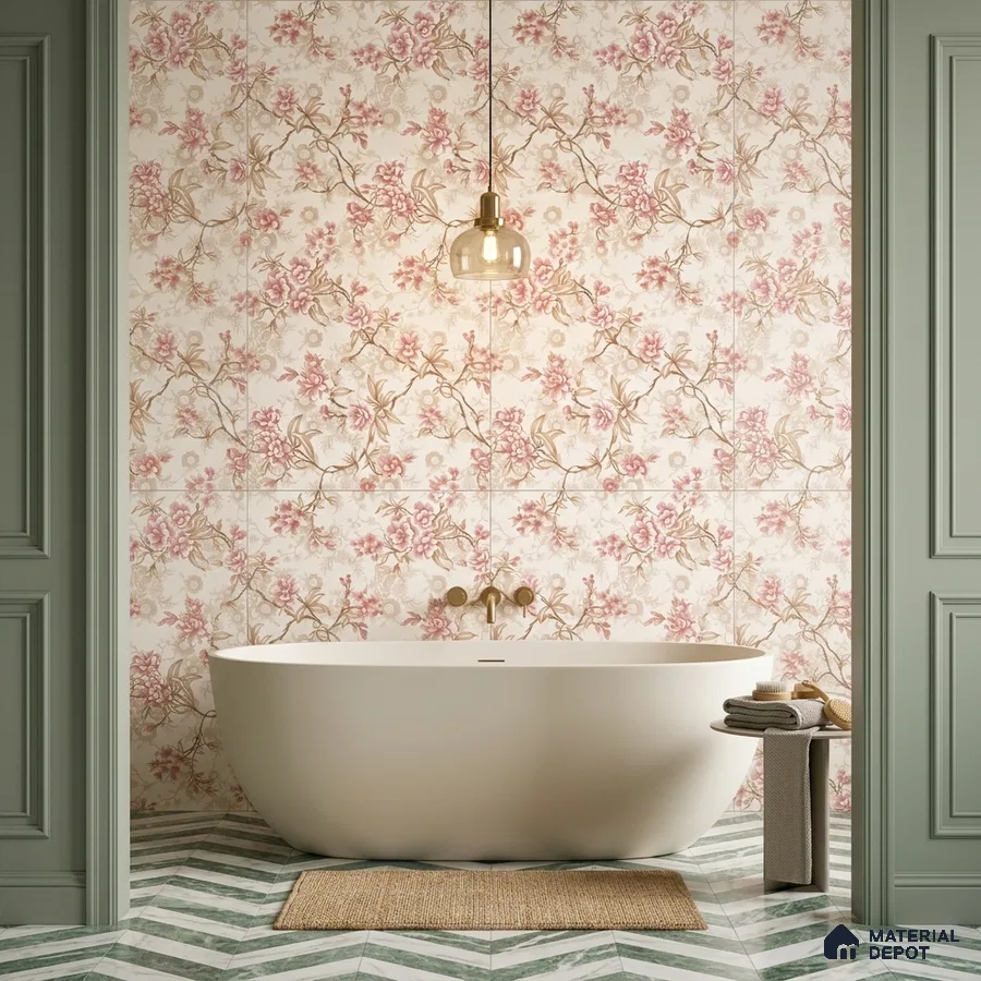 Traditional bathroom with floral patterned wall tiles and chevron green-and-white floor tiles