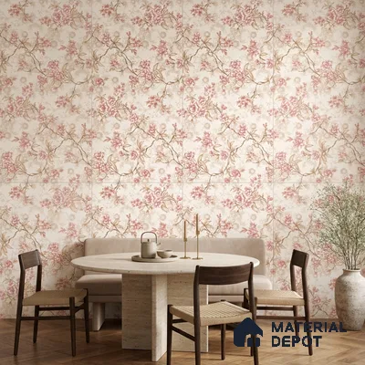 Modern dining room with floral tile, travertine table, and wooden flooring