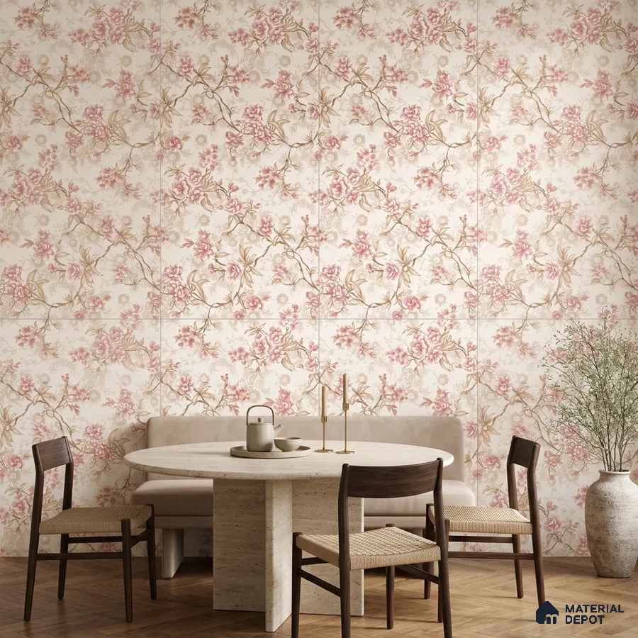 Modern dining room with floral tile, travertine table, and wooden flooring