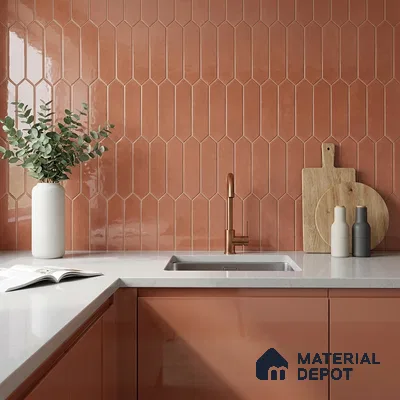 Modern Kitchen with Terracotta Picket Backsplash Tile and Glossy Cabinets