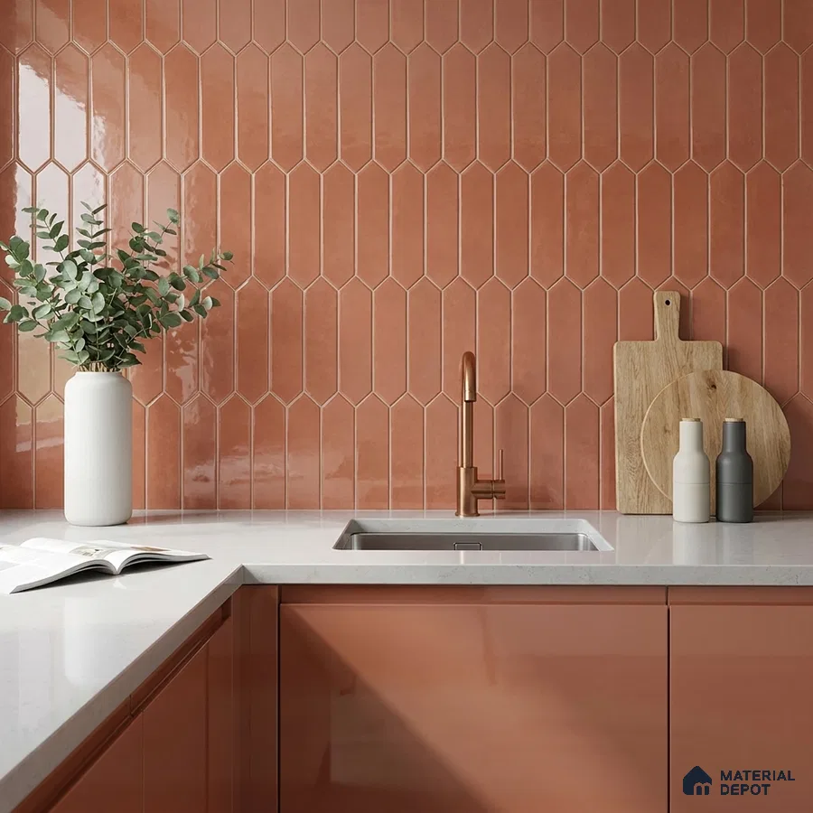 Modern Kitchen with Terracotta Picket Backsplash Tile and Glossy Cabinets
