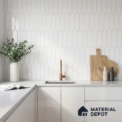 Modern Kitchen with White Picket Backsplash Tile and Glossy Cabinets