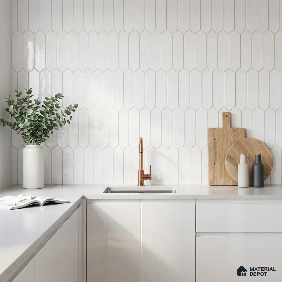 Modern Kitchen with White Picket Backsplash Tile and Glossy Cabinets