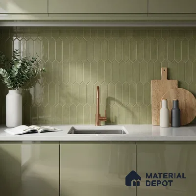 Modern Kitchen with Olive Green Picket Backsplash Tile and Glossy Cabinets