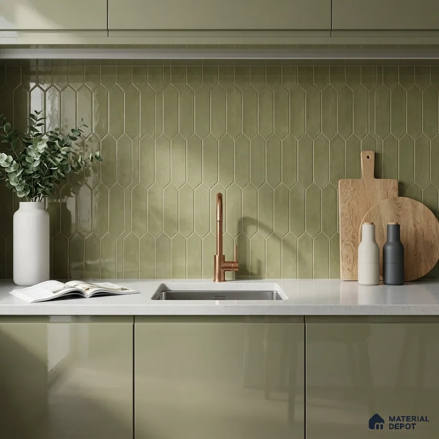Modern Kitchen with Olive Green Picket Backsplash Tile and Glossy Cabinets