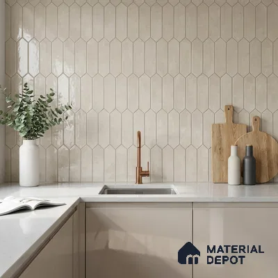 Modern Kitchen with Greige Picket Backsplash Tile and Glossy Cabinets
