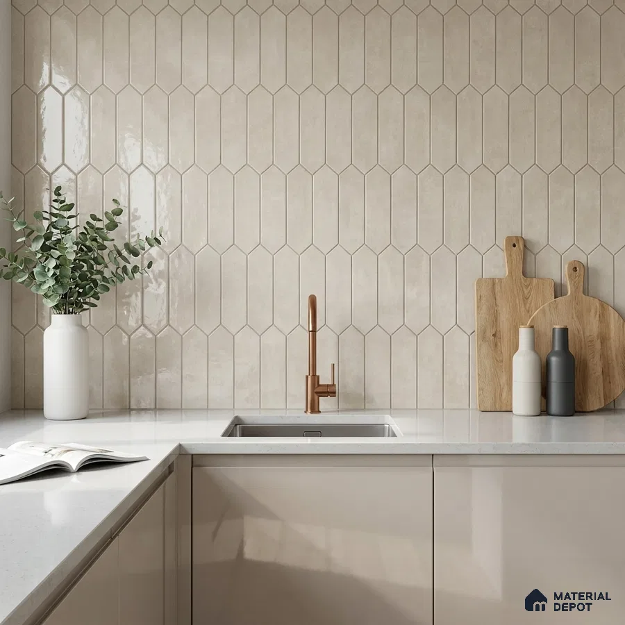 Modern Kitchen with Greige Picket Backsplash Tile and Glossy Cabinets