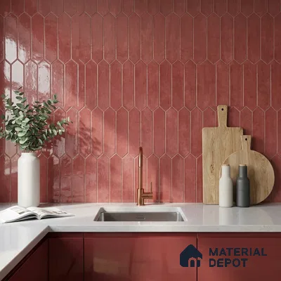 Modern Kitchen with Dusty Rose Picket Backsplash Tile and Glossy Cabinets