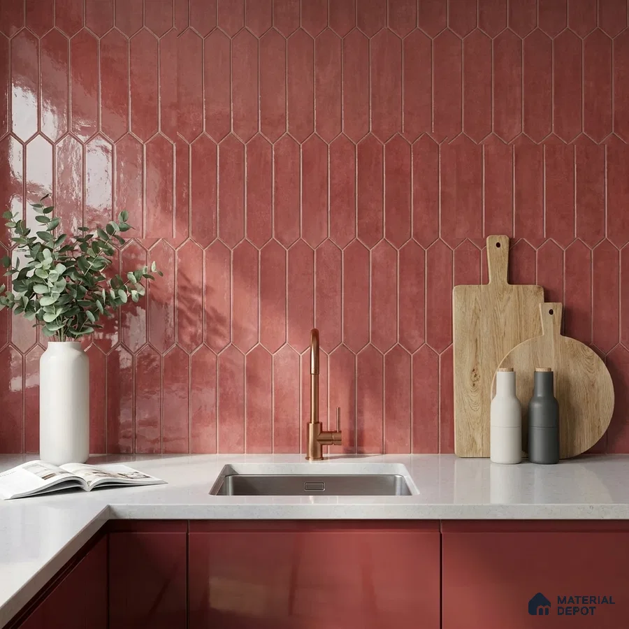 Modern Kitchen with Dusty Rose Picket Backsplash Tile and Glossy Cabinets