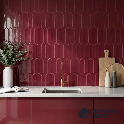 Modern Kitchen with Burgundy Picket Backsplash Tile and Glossy Cabinets