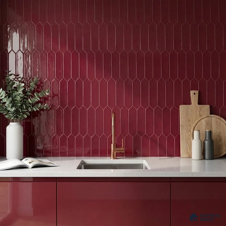 Modern Kitchen with Burgundy Picket Backsplash Tile and Glossy Cabinets
