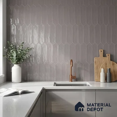 Modern Kitchen with Mauve Grey Picket Backsplash Tile and Glossy Cabinets