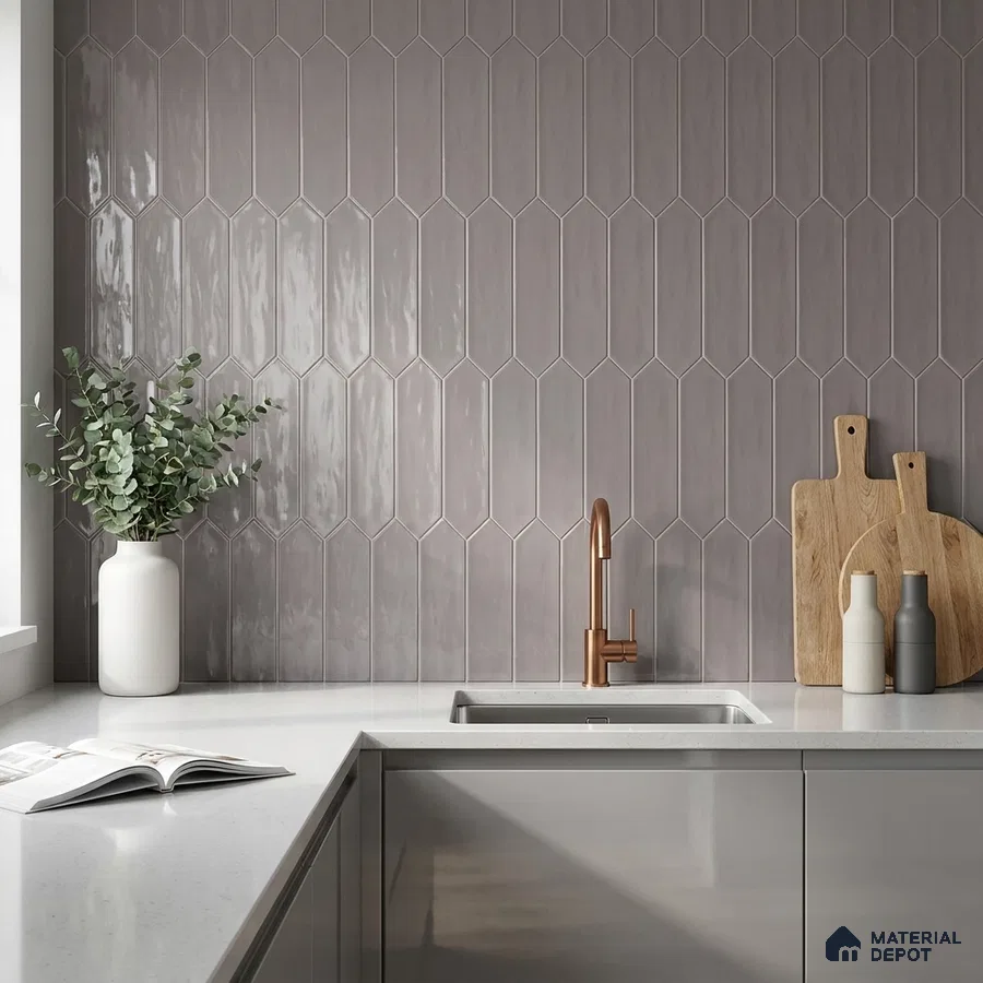 Modern Kitchen with Mauve Grey Picket Backsplash Tile and Glossy Cabinets