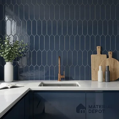 Modern Kitchen with Navy Blue Picket Backsplash Tile and Glossy Cabinets