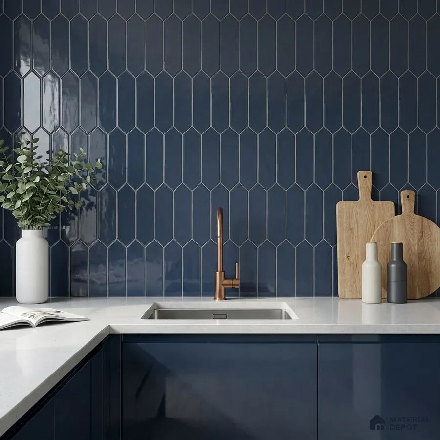 Modern Kitchen with Navy Blue Picket Backsplash Tile and Glossy Cabinets