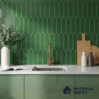 Modern Kitchen with Emerald Green Picket Backsplash Tile and Glossy Cabinets