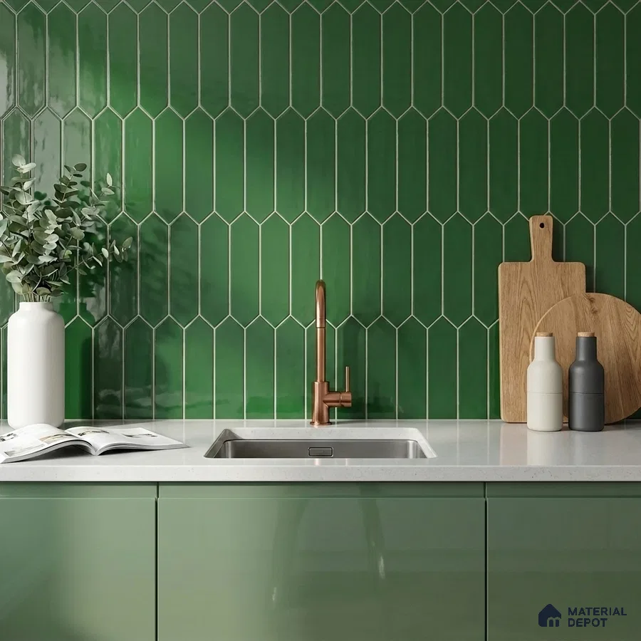 Modern Kitchen with Emerald Green Picket Backsplash Tile and Glossy Cabinets