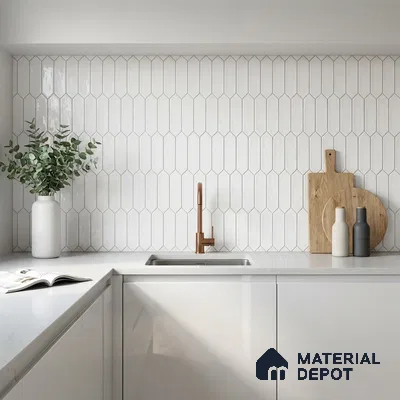 Minimalist Kitchen with White Picket Backsplash Tile and Glossy Cabinets